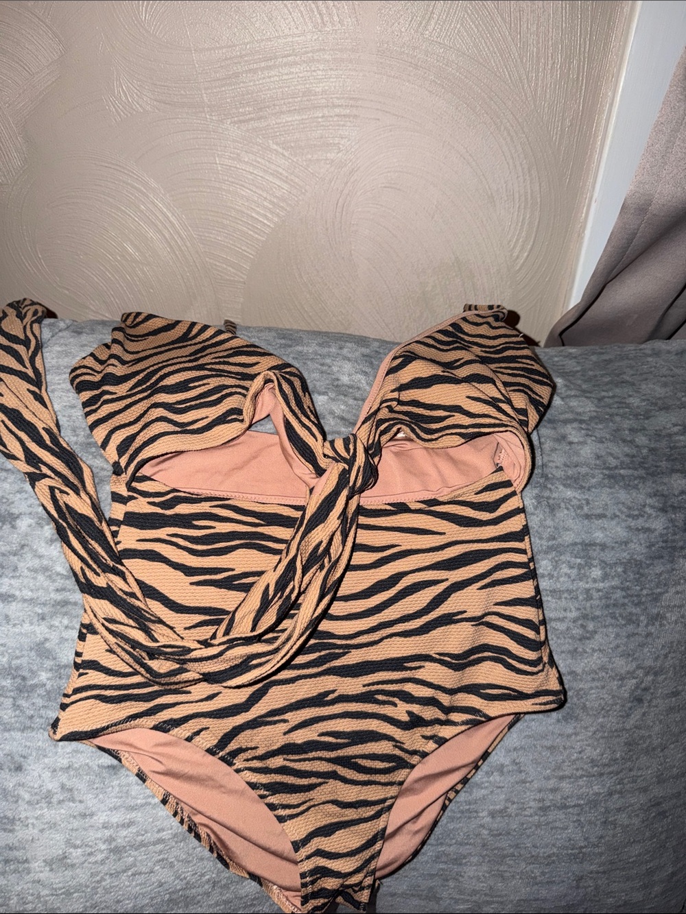 Aerie Peach and Black Tiger-Print One-Piece size small